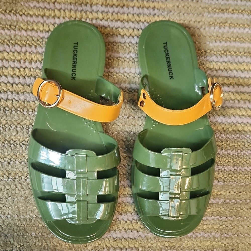 Tuckernuck Green Jelly Sandals with Yellow Straps